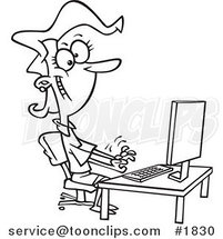 Cartoon Black and White Line Drawing of a Happy Female Typist Working on a Computer by Toonaday