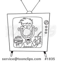 Cartoon Black and White Line Drawing of a Guy Appearing on a Fast Food Television Commercial by Toonaday