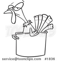 Cartoon Black and White Line Drawing of a Turkey Bird in a Pot by Toonaday
