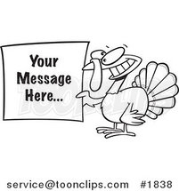 Cartoon Black and White Line Drawing of a Turkey Bird Holding a Sign with Sample Text by Toonaday