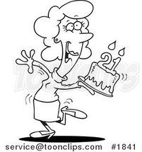 Cartoon Black and White Line Drawing of a Happy Lady Carrying a Birthday Cake with 21 Candles by Toonaday