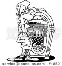 Cartoon Black and White Line Drawing of a Greaser by a Juke Box by Toonaday