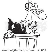 Cartoon Black and White Line Drawing of a Judge Leaning over His Desk by Toonaday