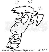 Cartoon Black and White Line Drawing of a Sick Girl Holding Her Tummy by Toonaday
