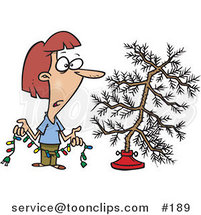 Cartoon Depressed White Lady Holding Colorful Christmas Lights and Looking at Her Dead Christmas Tree in the Stand by Toonaday