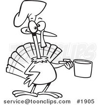 Cartoon Black and White Line Drawing of a Chef Turkey Bird Holding a Pot by Toonaday