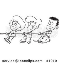 Cartoon Black and White Line Drawing of a Girl and Boys Pulling a Rope by Toonaday