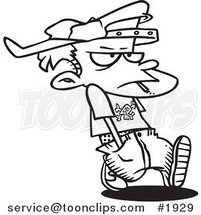 Cartoon Black and White Line Drawing of a Troubled Boy Walking and Smoking by Toonaday