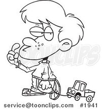 Cartoon Black and White Line Drawing of a Boy Pulling a Toy Truck on a String by Toonaday