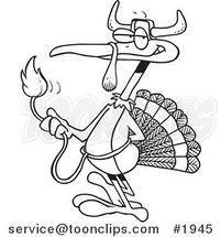 Cartoon Black and White Line Drawing of a Turkey Bird Disguised As a Bull by Toonaday