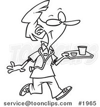 Cartoon Black and White Line Drawing of a Nurse Carrying a Tray of Cafeteria Food by Toonaday