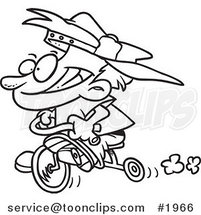 Cartoon Black and White Line Drawing of a Boy Riding His Trike by Toonaday