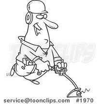 Cartoon Black and White Line Drawing of a Happy Landscaper Using a Weed Wacker by Toonaday