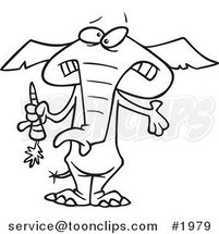 Cartoon Black and White Line Drawing of a Dieting Elephant Trimming up by Eating Carrots by Toonaday