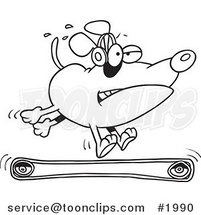 Cartoon Black and White Line Drawing of a Dog Running on a Treadmill by Toonaday