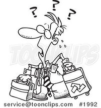 Cartoon Black and White Line Drawing of a Confused Business Man with Luggage by Toonaday