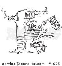Cartoon Black and White Line Drawing of a Boy Playing near His Pirate Tree House by Toonaday