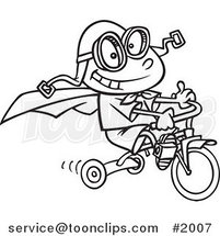 Cartoon Black and White Line Drawing of a Boy Wearing a Cape and Goggles While Riding His Trike by Toonaday