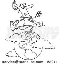 Cartoon Black and White Line Drawing of a Traveling Salesman Leaping over the Globe by Toonaday