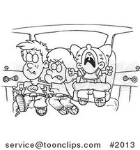 Cartoon Black and White Line Drawing of Siblings Fighting in a Car on a Road Trip by Toonaday
