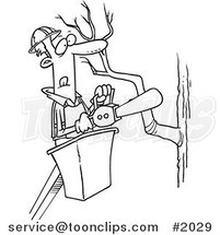 Cartoon Black and White Line Drawing of a Tree Trimmer Holding a Saw by Toonaday