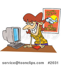 Cartoon Female Travel Agent Grinning and Leaning over Her Desk by Toonaday