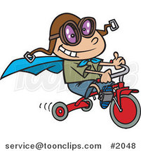 Cartoon Boy Wearing a Cape and Goggles While Riding His Trike by Toonaday