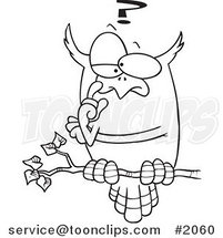 Cartoon Black and White Line Drawing of a Pondering Owl Perched on a Branch by Toonaday