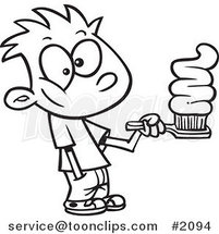 Cartoon Black and White Line Drawing of a Boy Going Overboard on Toothpaste by Toonaday