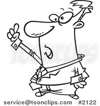 Cartoon Black and White Line Drawing of a Business Man Holding up a Finger by Toonaday