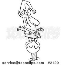 Cartoon Black and White Line Drawing of a Christmas Elf on the North Pole by Toonaday