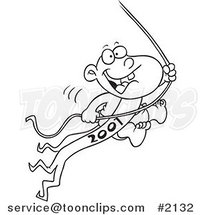 Cartoon Black and White Line Drawing of a New Years Baby Swinging on a Rope by Toonaday