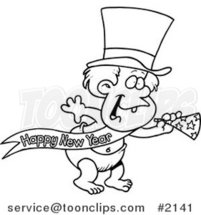 Cartoon Black and White Line Drawing of a New Years Baby with a Horn by Toonaday