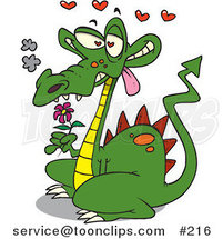 Cartoon Smoking Green Dragon in Love, Holding a Pink Flower and Drooling, with Red Hearts Floating Above by Toonaday