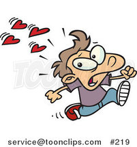 Cartoon Scared Little White Boy Running Away from Girls at School That Have a Crush on Him, Hearts Behind Him by Toonaday