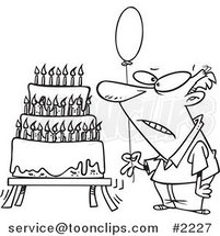 Cartoon Black and White Line Drawing of an Old Guy Holding a Balloon by a Birthday Cake by Toonaday
