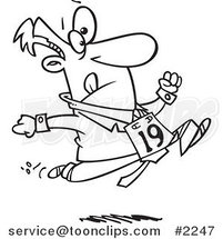 Cartoon Black and White Line Drawing of a Business Man Running in the Office Olympics by Toonaday