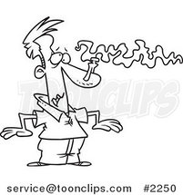 Cartoon Black and White Line Drawing of a Guy with a Pin on His Nose to Avoid a Smell by Toonaday