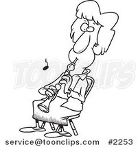 Cartoon Black and White Line Drawing of a Lady Sitting and Playing an Oboe by Toonaday