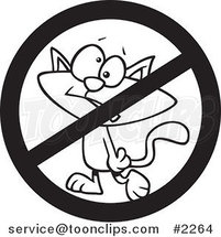Cartoon Black and White Line Drawing of a No Cat Sign by Toonaday