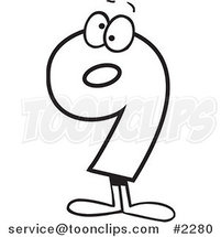 Cartoon Black and White Line Drawing of a Number Nine Character by Toonaday