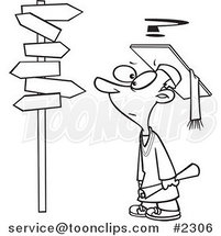 Cartoon Black and White Line Drawing of a Graduate Boy Staring at Many Signs by Toonaday