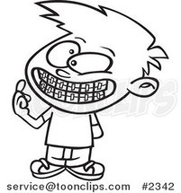 Cartoon Black and White Line Drawing of a Boy Showing His New Braces by Toonaday