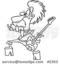 Cartoon Black and White Line Drawing of a Nerdy Guitarist by Toonaday