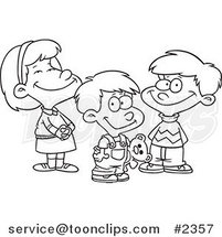 Cartoon Black and White Line Drawing of a Girl and Two Boys by Toonaday