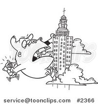 Cartoon Black and White Line Drawing of Kong Carrying a Lady and Climbing a Skyscraper by Toonaday