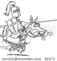 Cartoon Black and White Line Drawing of a Jousting Knight on a Horse by Toonaday