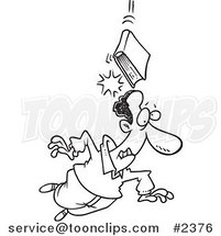 Cartoon Black and White Line Drawing of a Book of Knowledge Falling on a Guy by Toonaday