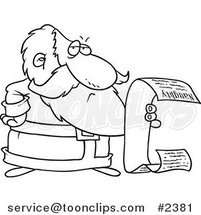 Cartoon Black and White Line Drawing of Santa Reading His Naughty List by Toonaday