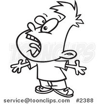 Cartoon Black and White Line Drawing of a Boy Yelling by Toonaday